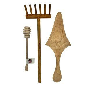 Trio of Wooden Kitchen and Household Tools Rake Honey Dipper Server